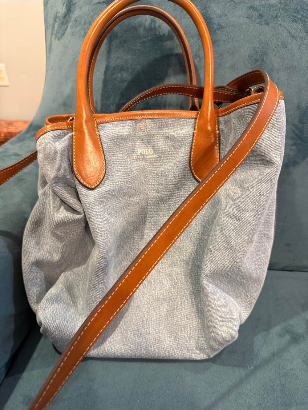 Polo by Ralph Lauren Light Blue Denim Tote with Brown Leather Trim w/wallet